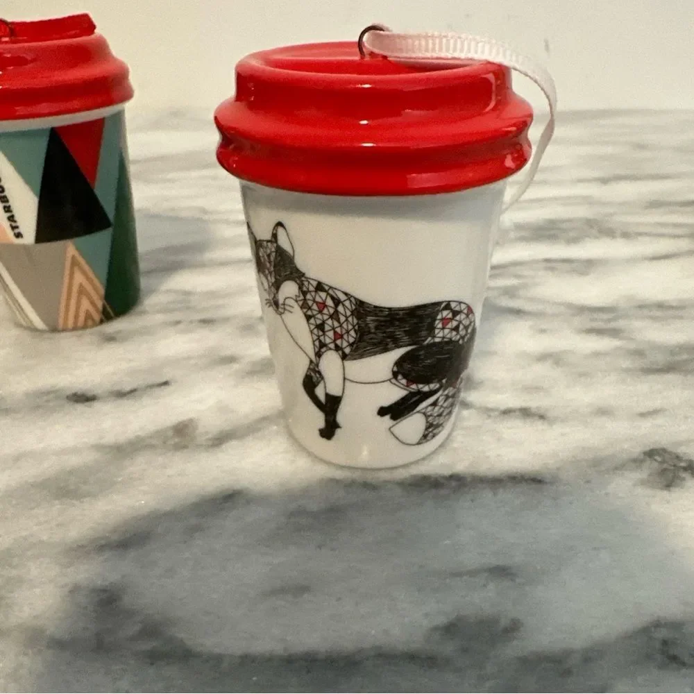 Starbucks Holiday Themed Mini Coffee Cup Ornaments Set of 4 Fox,Geometric, 2017